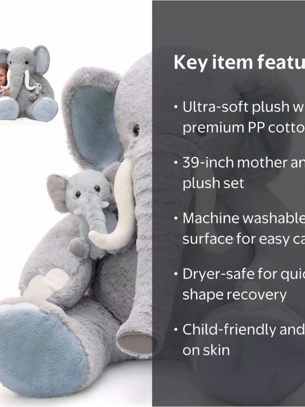 MorisMos 39” Giant Elephant Stuffed Animal with Baby Plush – Gray